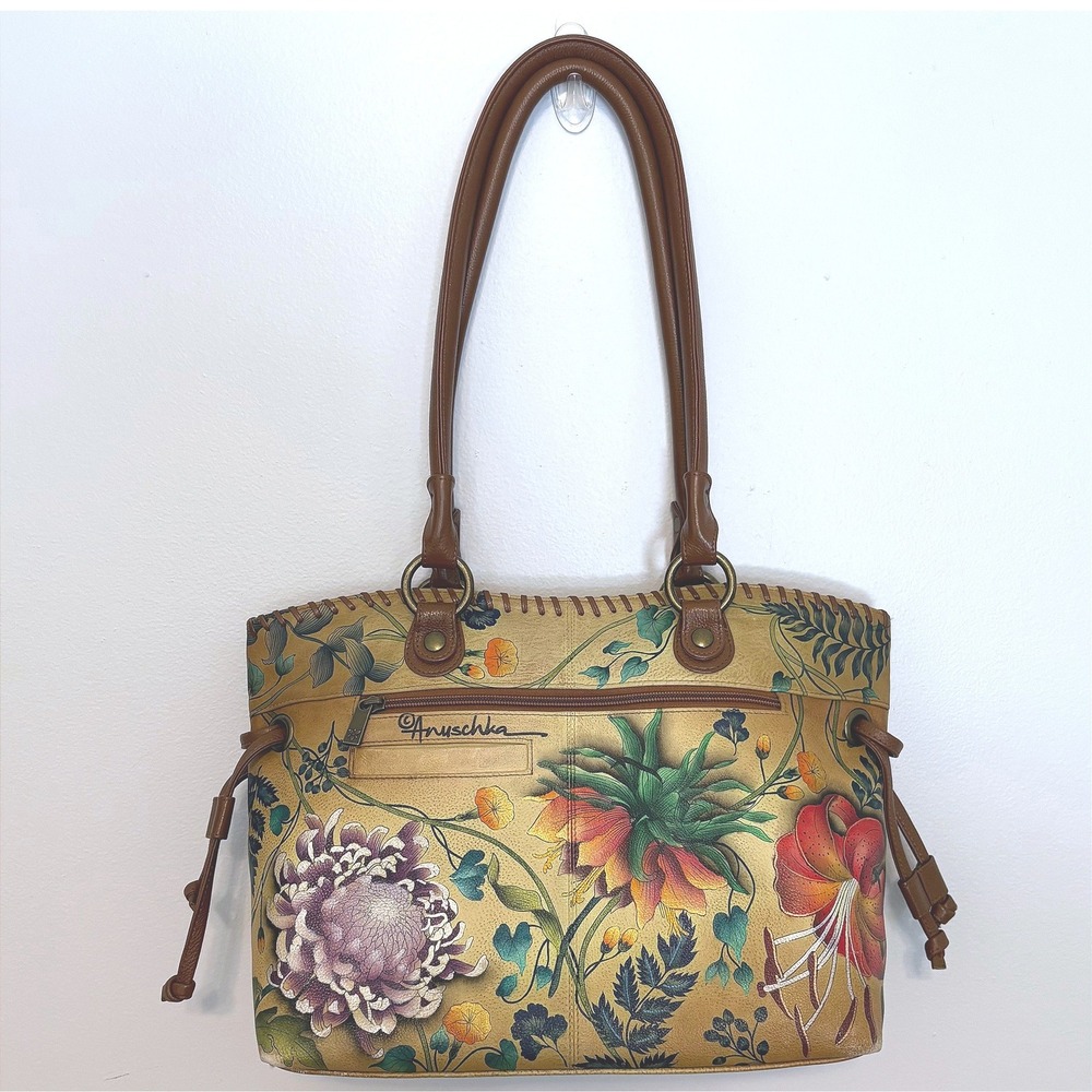 Anuschka Hand Painted Leather Floral Purse Tan Multi Botanical Sachel